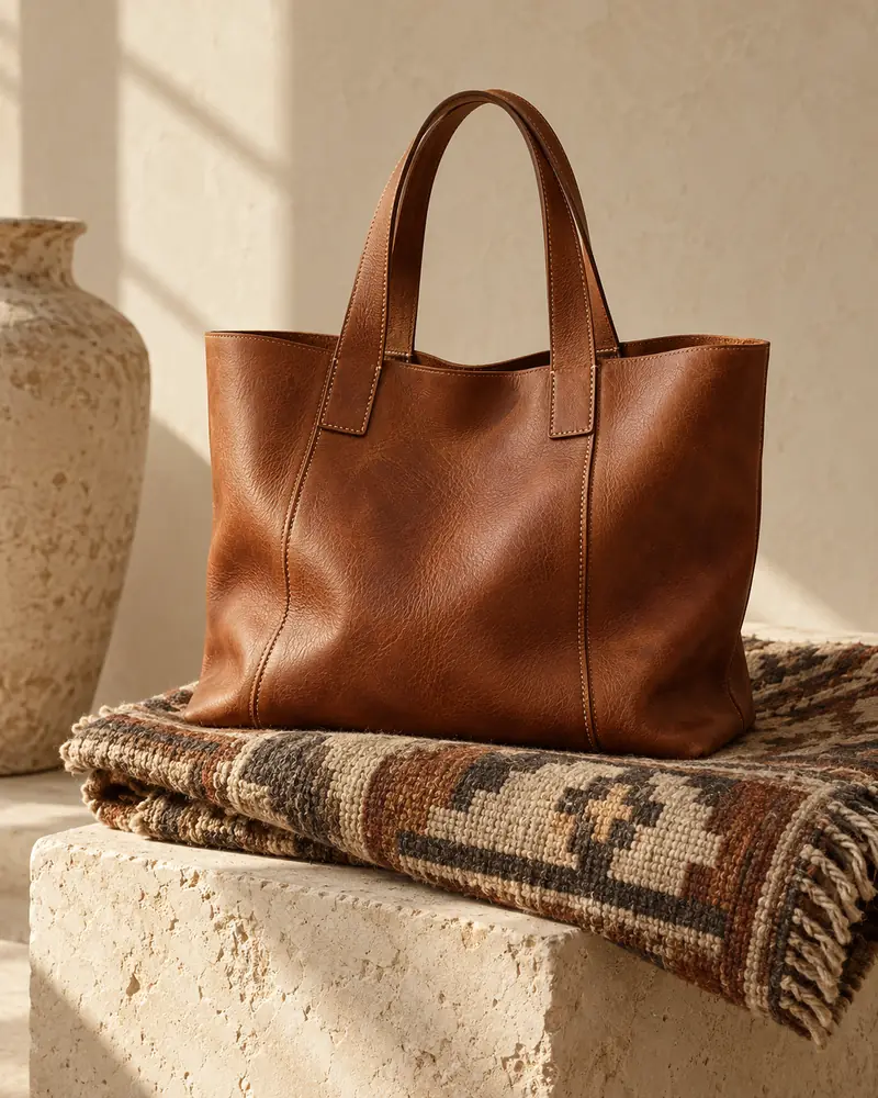 Leather bag and woven wool, AI editorial composition