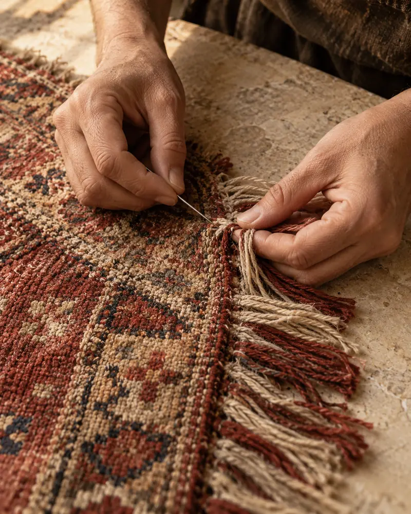 Rug repair detail, AI editorial composition